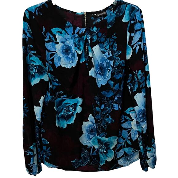 7TH AVENUE DESIGN STUDIO TUNIC BLOUSE, WOMENS, L, BLUE CRANBERRY BLACK FLORAL - Picture 1 of 11